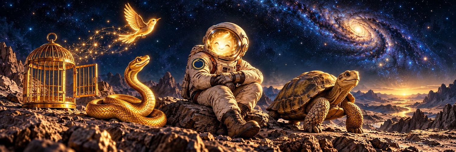 Der Pleronaut zwischen offenem Vogelkäfig, Schlange und Schildkröte unter einem leuchtenden Sternenhimmel